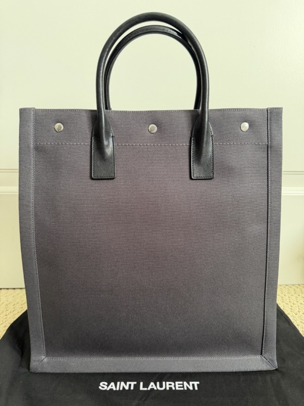 Saint Laurent YSL Rive Gauche Gray Canvas Logo Black Leather Tote Bag - Picture 16 of 16